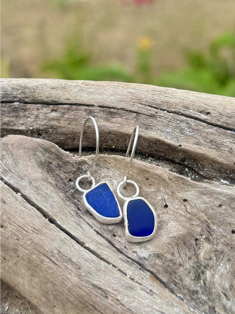 Cobalt blue sea glass Handmade sterling silver drop earrings